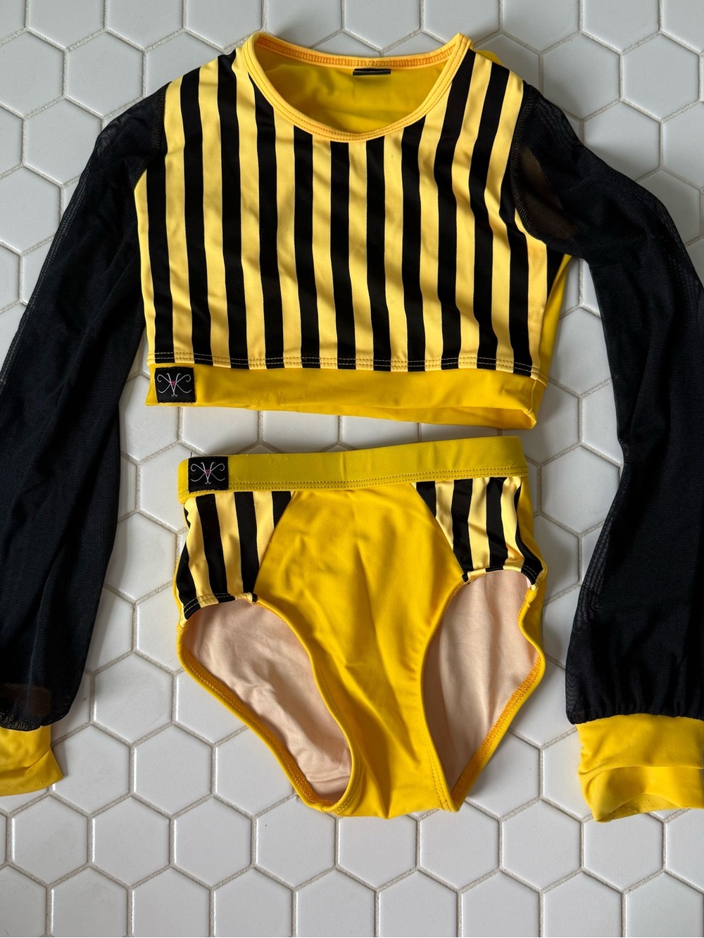 Kids Yellow and Black Striped dance Set - Long Sleeve Top & High-Waist Bottoms